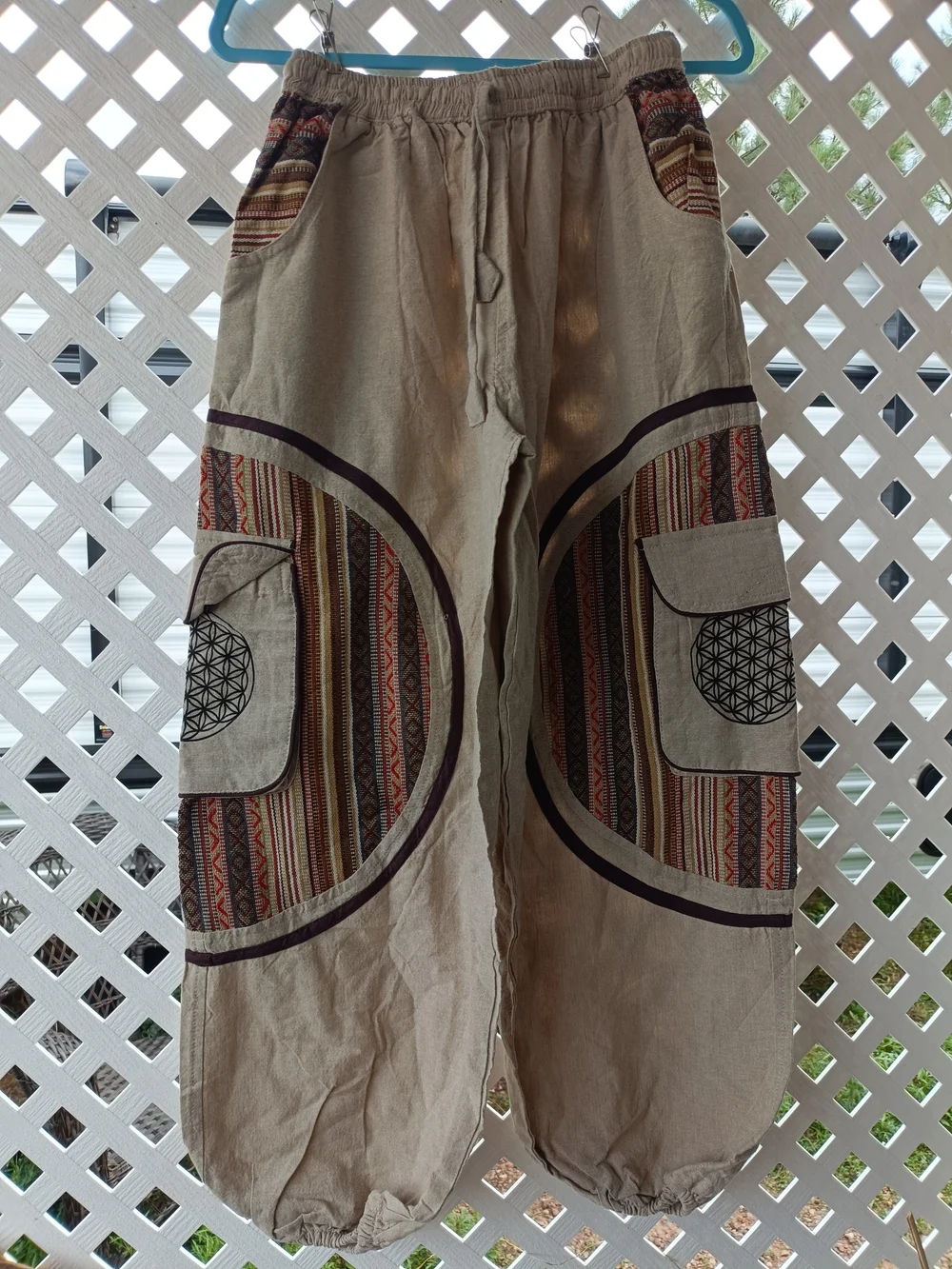 Bohemian Beige Men’s Cargo Pants with Patterned Panels
